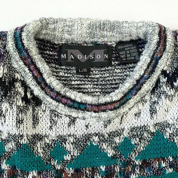 Vintage Knit Eclectic Grandpa Grandma Madison Pattern Sweater 80s Cozy Fisherman - Picture 4 of 9